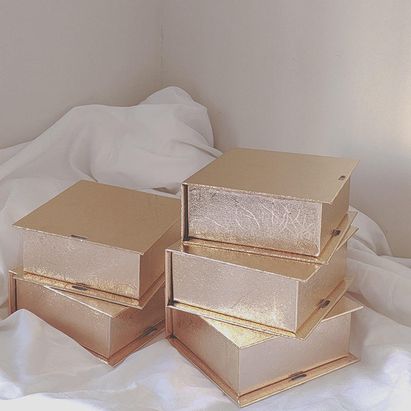 Luxury Rigid Custom Book Shape Shiny Rose Gold Paper Gift Packaging Box With Magnetic Closure and Ribbon